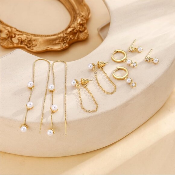 Dainty Hypoallergenic 14K Gold Plated Small Drop Chain Hoops Trendy Earring Set - Picture 7 of 7